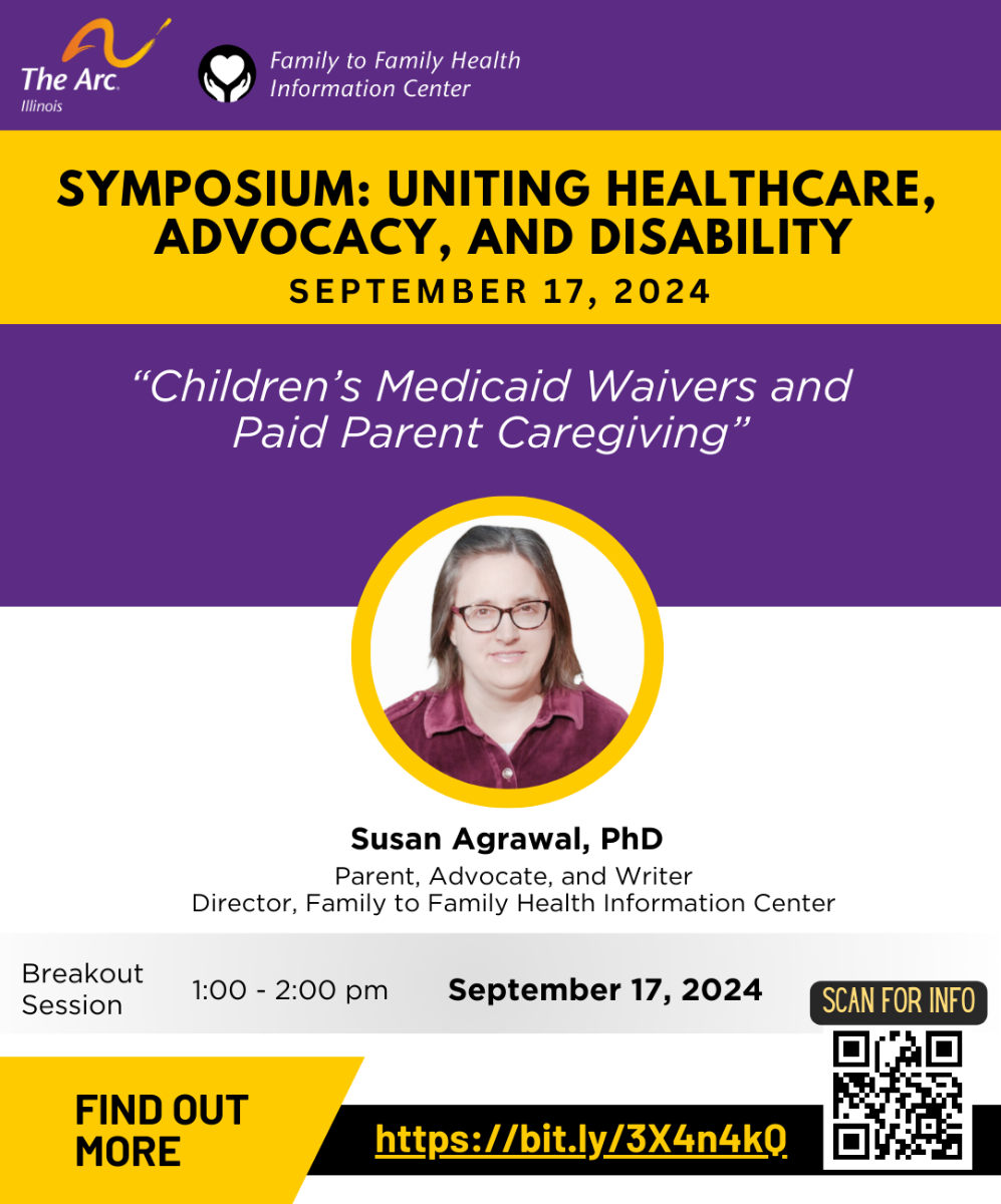 Purple and yellow flyer for Family-to-Family Health Information Center Symposium: Uniting Healthcare, Advocacy, and Disability Virtual Conference | September 17, 2024